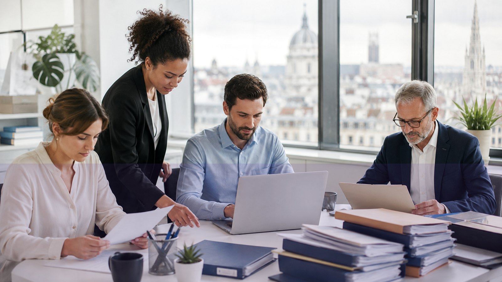 Professionnels analysant des documents dans un bureau
